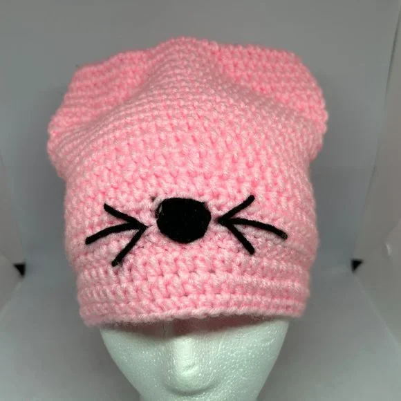 Handmade Crochet Light Pink Knit Cap w/Black Accent OS - Picture 3 of 11